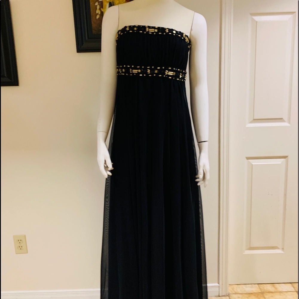 JS Boutique black long dress w gold beads size 8